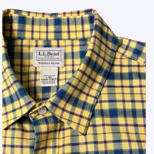LL Bean Men's Flannel Shirt Yellow Plaid Long Sleeve Slightly Fitted Size Large
